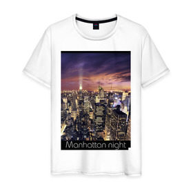 Мужская футболка хлопок с принтом Ночной Манхеттен в Екатеринбурге, 100% хлопок | прямой крой, круглый вырез горловины, длина до линии бедер, слегка спущенное плечо. | new york ny | nyc | urban | город | города | нью йорк | урбан