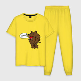 Мужская пижама хлопок с принтом Медведь качок (дрищ) в Екатеринбурге, 100% хлопок | брюки и футболка прямого кроя, без карманов, на брюках мягкая резинка на поясе и по низу штанин
 | дрищ | интернет прикол | качалка | мусклы | мышцы | пресс | силовой спорт