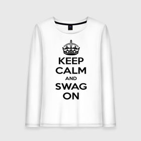 Женский лонгслив хлопок с принтом Keep calm and swag on в Екатеринбурге, 100% хлопок |  | keep calm | keep calm and swag on | swag | английская корона | корона