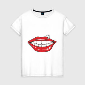 Женская футболка хлопок с принтом Губы с пирсингом в Екатеринбурге, 100% хлопок | прямой крой, круглый вырез горловины, длина до линии бедер, слегка спущенное плечо | большие губы | губы | губы с пирсингом | пирсинг | улыбка | улыбка с пирсингом