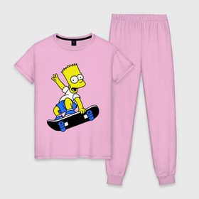 Женская пижама хлопок с принтом Барт на скейте в Екатеринбурге, 100% хлопок | брюки и футболка прямого кроя, без карманов, на брюках мягкая резинка на поясе и по низу штанин | simpsons | барт симпсон | мультфильмы | симпсоны
