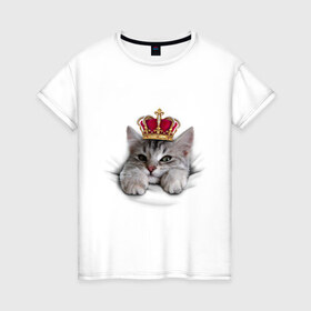 Женская футболка хлопок с принтом Pretty kitten в Екатеринбурге, 100% хлопок | прямой крой, круглый вырез горловины, длина до линии бедер, слегка спущенное плечо | kitten | meow | meow kitten | киса | корона | корона на голове кота | кот | кот с короной | котик | котэ | котяра | кошка | прикольный кот
