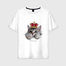 Женская футболка хлопок Oversize с принтом Pretty kitten в Екатеринбурге, 100% хлопок | свободный крой, круглый ворот, спущенный рукав, длина до линии бедер
 | kitten | meow | meow kitten | киса | корона | корона на голове кота | кот | кот с короной | котик | котэ | котяра | кошка | прикольный кот