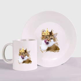 Набор: тарелка + кружка с принтом Spoiled cat в Екатеринбурге, керамика | Кружка: объем — 330 мл, диаметр — 80 мм. Принт наносится на бока кружки, можно сделать два разных изображения. 
Тарелка: диаметр - 210 мм, диаметр для нанесения принта - 120 мм. | kitten | meow | meow kitten | злой кот | киса | корона | корона на голове кота | кот | кот с короной | котик | котэ | котяра | кошка | облизывающаяся кот | прикольный кот