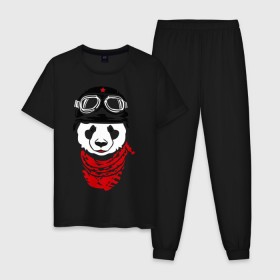Мужская пижама хлопок с принтом Панда байкер в Екатеринбурге, 100% хлопок | брюки и футболка прямого кроя, без карманов, на брюках мягкая резинка на поясе и по низу штанин
 | panda biker | панда в шлеме | панда на байке