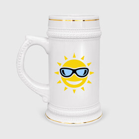 Кружка пивная с принтом Солнышко в очках в Екатеринбурге,  керамика (Материал выдерживает высокую температуру, стоит избегать резкого перепада температур) |  объем 630 мл | smile | смайлики | смайлы | солнце | улыбка