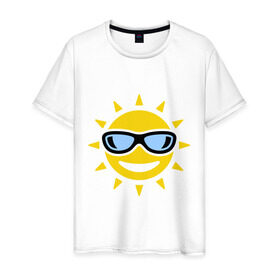Мужская футболка хлопок с принтом Солнышко в очках в Екатеринбурге, 100% хлопок | прямой крой, круглый вырез горловины, длина до линии бедер, слегка спущенное плечо. | smile | смайлики | смайлы | солнце | улыбка