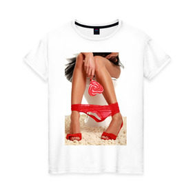 Женская футболка хлопок с принтом Леденец и ножки в Екатеринбурге, 100% хлопок | прямой крой, круглый вырез горловины, длина до линии бедер, слегка спущенное плечо | candy | девушка с леденцом | девушкам | для девушек | леденец