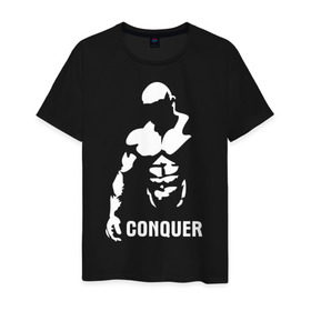 Мужская футболка хлопок с принтом Conquer в Екатеринбурге, 100% хлопок | прямой крой, круглый вырез горловины, длина до линии бедер, слегка спущенное плечо. | bodybuilding | conquer | power | бодибилдинг | сила | силовой спорт | силовой экстрим | спорт