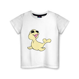 Детская футболка хлопок с принтом Милый тюлень в Екатеринбурге, 100% хлопок | круглый вырез горловины, полуприлегающий силуэт, длина до линии бедер | Тематика изображения на принте: веселый тюлень | животные | забавный тюлень | милый тюлень | морской лев | тюлень