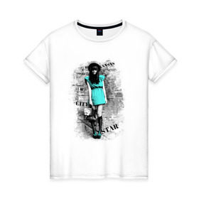 Женская футболка хлопок с принтом City star в Екатеринбурге, 100% хлопок | прямой крой, круглый вырез горловины, длина до линии бедер, слегка спущенное плечо | газетный принт | газеты | девушка | фотография девушки