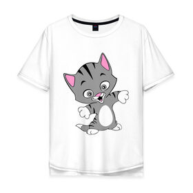 Мужская футболка хлопок Oversize с принтом Веселый котенок в Екатеринбурге, 100% хлопок | свободный крой, круглый ворот, “спинка” длиннее передней части | 