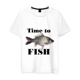 Мужская футболка хлопок с принтом Time to fish. в Екатеринбурге, 100% хлопок | прямой крой, круглый вырез горловины, длина до линии бедер, слегка спущенное плечо. | 