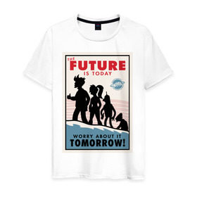 Мужская футболка хлопок с принтом Futurama poster в Екатеринбурге, 100% хлопок | прямой крой, круглый вырез горловины, длина до линии бедер, слегка спущенное плечо. | futurama | future is today | бендер | лила | постер футурамы | фрай | футурама