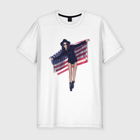 Мужская футболка премиум с принтом American girl в Екатеринбурге, 92% хлопок, 8% лайкра | приталенный силуэт, круглый вырез ворота, длина до линии бедра, короткий рукав | swag | usa | америка | американский флаг | девушка | сша