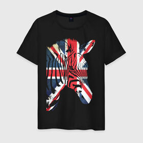 Мужская футболка хлопок с принтом Британская зебра в Екатеринбурге, 100% хлопок | прямой крой, круглый вырез горловины, длина до линии бедер, слегка спущенное плечо. | Тематика изображения на принте: dtg | england | англия | британия | британский флаг | великобритания | животные | прикольные картинки