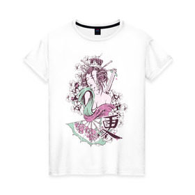 Женская футболка хлопок с принтом Японская гейша в Екатеринбурге, 100% хлопок | прямой крой, круглый вырез горловины, длина до линии бедер, слегка спущенное плечо | девушкам | для девушек | рисунок