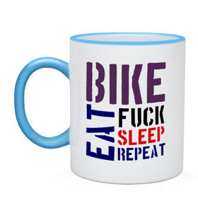 Кружка двухцветная с принтом Bike eat sleep repeat в Екатеринбурге, керамика | объем — 330 мл, диаметр — 80 мм. Цветная ручка и кайма сверху, в некоторых цветах — вся внутренняя часть | Тематика изображения на принте: bicycle | bike | bike eat sleep repeat | eat | repeat | sleep | велик | велосипед | велосипедист