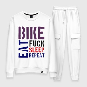 Женский костюм хлопок с принтом Bike eat sleep repeat в Екатеринбурге, 100% хлопок | на свитшоте круглая горловина, мягкая резинка по низу. Брюки заужены к низу, на них два вида карманов: два 