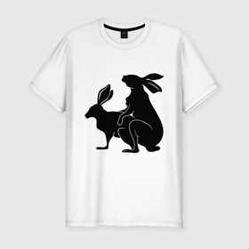 Мужская футболка премиум с принтом Зайцы в Екатеринбурге, 92% хлопок, 8% лайкра | приталенный силуэт, круглый вырез ворота, длина до линии бедра, короткий рукав | животные | зайцы | зайцы спариваются | спаривание