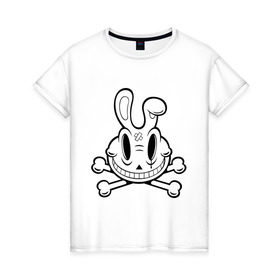 Женская футболка хлопок с принтом Улыбающийся кролик. в Екатеринбурге, 100% хлопок | прямой крой, круглый вырез горловины, длина до линии бедер, слегка спущенное плечо | животные | кости | скелетон | черепок | черепушка
