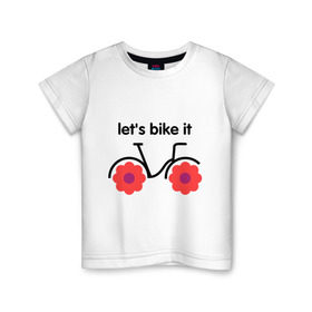 Детская футболка хлопок с принтом Цветочный велик в Екатеринбурге, 100% хлопок | круглый вырез горловины, полуприлегающий силуэт, длина до линии бедер | Тематика изображения на принте: bike | lets bike it | ride | байк | велик | велогонщик | велопробег | велосипед | велосипедист | велоспорт | кататься | прокатись | цветок | цветы