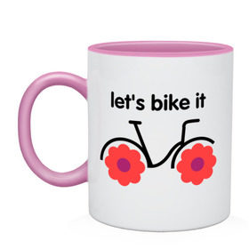 Кружка двухцветная с принтом Цветочный велик в Екатеринбурге, керамика | объем — 330 мл, диаметр — 80 мм. Цветная ручка и кайма сверху, в некоторых цветах — вся внутренняя часть | Тематика изображения на принте: bike | lets bike it | ride | байк | велик | велогонщик | велопробег | велосипед | велосипедист | велоспорт | кататься | прокатись | цветок | цветы