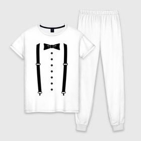 Женская пижама хлопок с принтом Gentleman в Екатеринбурге, 100% хлопок | брюки и футболка прямого кроя, без карманов, на брюках мягкая резинка на поясе и по низу штанин | галстук | костюм | одежда | подтяжки | рубашка
