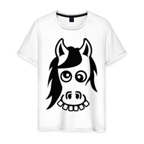 Мужская футболка хлопок с принтом Funny Horse в Екатеринбурге, 100% хлопок | прямой крой, круглый вырез горловины, длина до линии бедер, слегка спущенное плечо. | животные | зубы | конь | коняшка | лошадка | лошадь