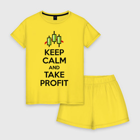 Женская пижама с шортиками хлопок с принтом Keep calm andTake profit. в Екатеринбурге, 100% хлопок | футболка прямого кроя, шорты свободные с широкой мягкой резинкой | keep calm | take profit | делайте прибыль | прибыль | сохраняйте спокойствие