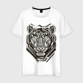 Мужская футболка хлопок с принтом Geometric tiger в Екатеринбурге, 100% хлопок | прямой крой, круглый вырез горловины, длина до линии бедер, слегка спущенное плечо. | Тематика изображения на принте: geometric drawing | geometry | metal tiger | tiger | геометрический рисунок | геометрия | металлический тигр | тигр