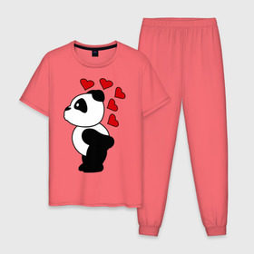 Мужская пижама хлопок с принтом Поцелуй панды (парная) в Екатеринбурге, 100% хлопок | брюки и футболка прямого кроя, без карманов, на брюках мягкая резинка на поясе и по низу штанин
 | Тематика изображения на принте: панда