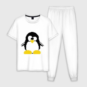 Мужская пижама хлопок с принтом Битовый пингвин Linux в Екатеринбурге, 100% хлопок | брюки и футболка прямого кроя, без карманов, на брюках мягкая резинка на поясе и по низу штанин
 | админам | компьютерные | линукс | операционная система | ос