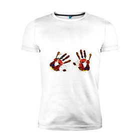 Мужская футболка премиум с принтом Отпечатки рук (краска) в Екатеринбурге, 92% хлопок, 8% лайкра | приталенный силуэт, круглый вырез ворота, длина до линии бедра, короткий рукав | Тематика изображения на принте: ладони | пальцы | прикольные картинки | руки