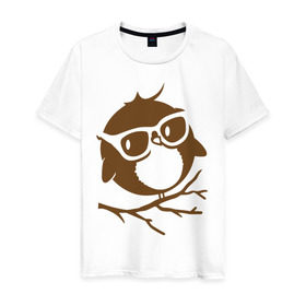 Мужская футболка хлопок с принтом Совёнок в очках. в Екатеринбурге, 100% хлопок | прямой крой, круглый вырез горловины, длина до линии бедер, слегка спущенное плечо. | сова