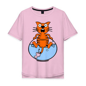 Мужская футболка хлопок Oversize с принтом Кот в аквариуме в Екатеринбурге, 100% хлопок | свободный крой, круглый ворот, “спинка” длиннее передней части | cat | испуганный кот | кот в воде | рыба за хвост | смешной кот