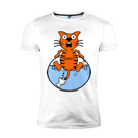 Мужская футболка премиум с принтом Кот в аквариуме в Екатеринбурге, 92% хлопок, 8% лайкра | приталенный силуэт, круглый вырез ворота, длина до линии бедра, короткий рукав | cat | испуганный кот | кот в воде | рыба за хвост | смешной кот