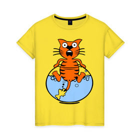 Женская футболка хлопок с принтом Кот в аквариуме в Екатеринбурге, 100% хлопок | прямой крой, круглый вырез горловины, длина до линии бедер, слегка спущенное плечо | cat | испуганный кот | кот в воде | рыба за хвост | смешной кот