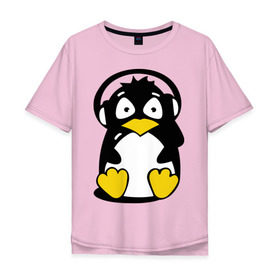 Мужская футболка хлопок Oversize с принтом Пингвин в наушниках в Екатеринбурге, 100% хлопок | свободный крой, круглый ворот, “спинка” длиннее передней части | Тематика изображения на принте: животные | пингвиненок | пингвинчик | прикольные картинки