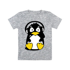 Детская футболка хлопок с принтом Пингвин в наушниках в Екатеринбурге, 100% хлопок | круглый вырез горловины, полуприлегающий силуэт, длина до линии бедер | Тематика изображения на принте: животные | пингвиненок | пингвинчик | прикольные картинки