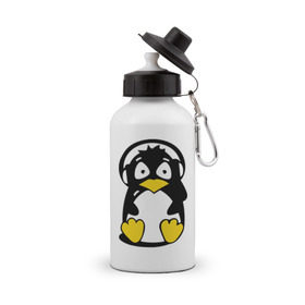 Бутылка спортивная с принтом Пингвин в наушниках в Екатеринбурге, металл | емкость — 500 мл, в комплекте две пластиковые крышки и карабин для крепления | животные | пингвиненок | пингвинчик | прикольные картинки