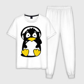 Мужская пижама хлопок с принтом Пингвин в наушниках в Екатеринбурге, 100% хлопок | брюки и футболка прямого кроя, без карманов, на брюках мягкая резинка на поясе и по низу штанин
 | животные | пингвиненок | пингвинчик | прикольные картинки