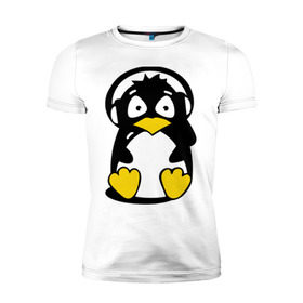 Мужская футболка премиум с принтом Пингвин в наушниках в Екатеринбурге, 92% хлопок, 8% лайкра | приталенный силуэт, круглый вырез ворота, длина до линии бедра, короткий рукав | животные | пингвиненок | пингвинчик | прикольные картинки
