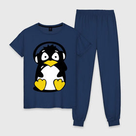 Женская пижама хлопок с принтом Пингвин в наушниках в Екатеринбурге, 100% хлопок | брюки и футболка прямого кроя, без карманов, на брюках мягкая резинка на поясе и по низу штанин | животные | пингвиненок | пингвинчик | прикольные картинки