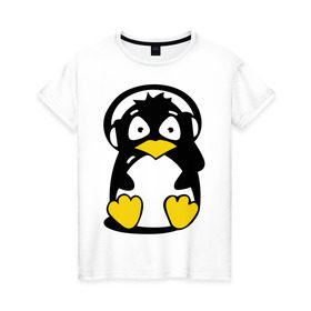 Женская футболка хлопок с принтом Пингвин в наушниках в Екатеринбурге, 100% хлопок | прямой крой, круглый вырез горловины, длина до линии бедер, слегка спущенное плечо | Тематика изображения на принте: животные | пингвиненок | пингвинчик | прикольные картинки