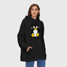 Худи SuperOversize хлопок с принтом Пингвин в наушниках в Екатеринбурге, 70% хлопок, 30% полиэстер, мягкий начес внутри | карман-кенгуру, эластичная резинка на манжетах и по нижней кромке, двухслойный капюшон
 | животные | пингвиненок | пингвинчик | прикольные картинки