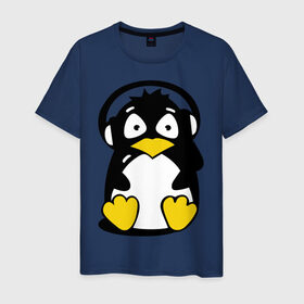 Мужская футболка хлопок с принтом Пингвин в наушниках в Екатеринбурге, 100% хлопок | прямой крой, круглый вырез горловины, длина до линии бедер, слегка спущенное плечо. | животные | пингвиненок | пингвинчик | прикольные картинки
