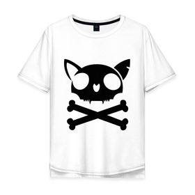 Мужская футболка хлопок Oversize с принтом кошачий пиратскй флаг в Екатеринбурге, 100% хлопок | свободный крой, круглый ворот, “спинка” длиннее передней части | кости | кошачий пиратский флаг | пиратский флаг | череп | череп кошки