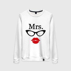 Женский свитшот хлопок с принтом Миссис (парная) в Екатеринбурге, 100% хлопок | прямой крой, круглый вырез, на манжетах и по низу широкая трикотажная резинка  | mrs | губы | для двоих | миссис | очки | парные