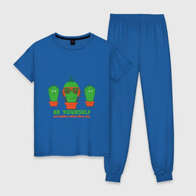 Женская пижама хлопок с принтом Самоуверенный кактус в Екатеринбурге, 100% хлопок | брюки и футболка прямого кроя, без карманов, на брюках мягкая резинка на поясе и по низу штанин | smile | кактус | очки | позитив | прикол | прикольные картинки | смайл | юмор